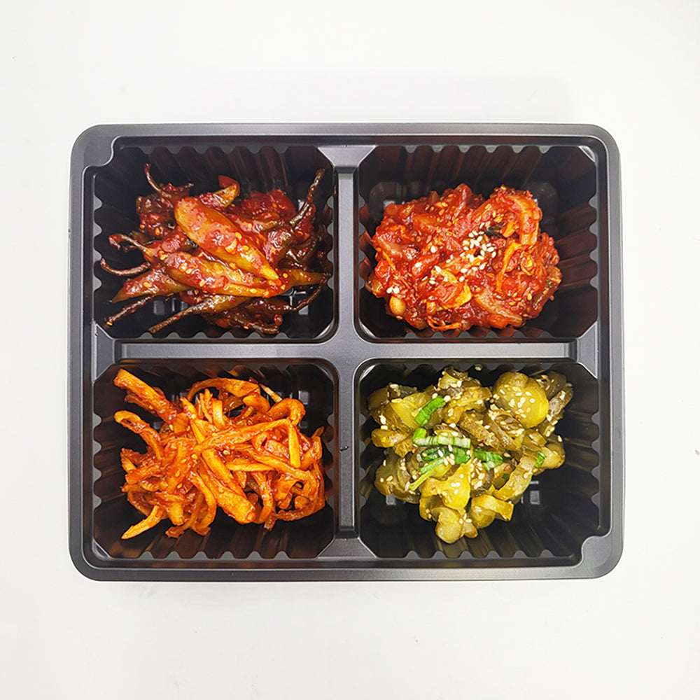 Korean side dish set – assorted banchan, 4 types served and plated | Banchan365