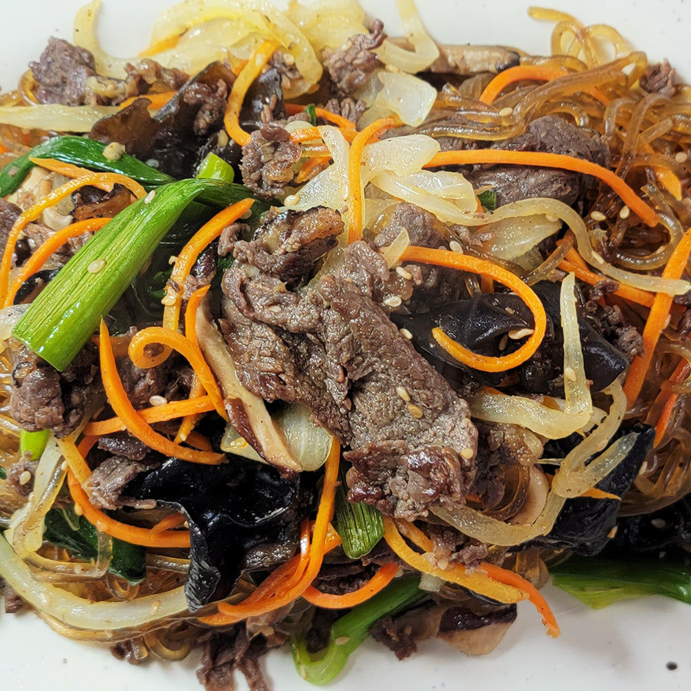 Sogogi japchae (Korean glass noodle stir-fry with beef) – 3 servings served and plated | Banchan365