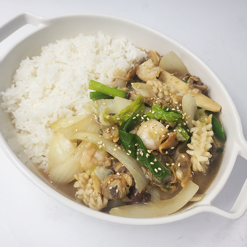 Close-up view of Haemul-bokkeum (Korean special stir-fried seafood) | Banchan365