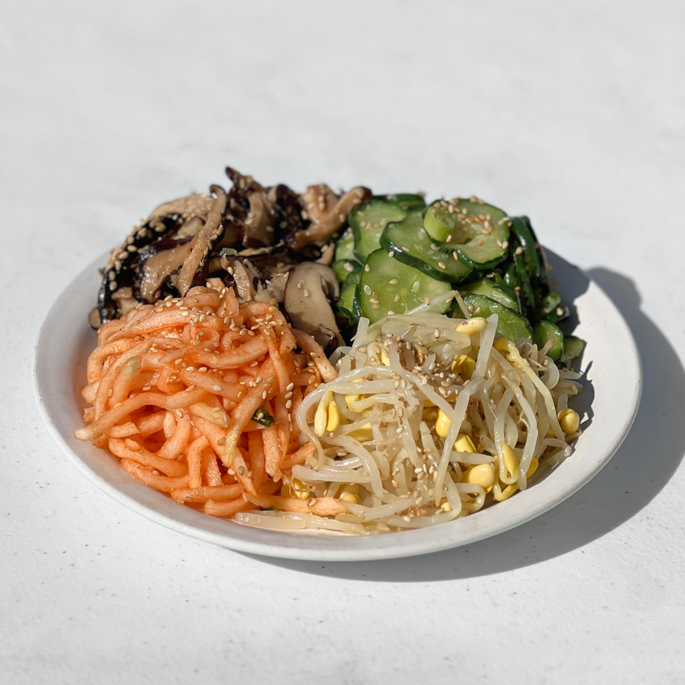 Bibimbap namul (4 Korean seasoned vegetables for mixed rice) – 2-3 servings served and plated | Banchan365