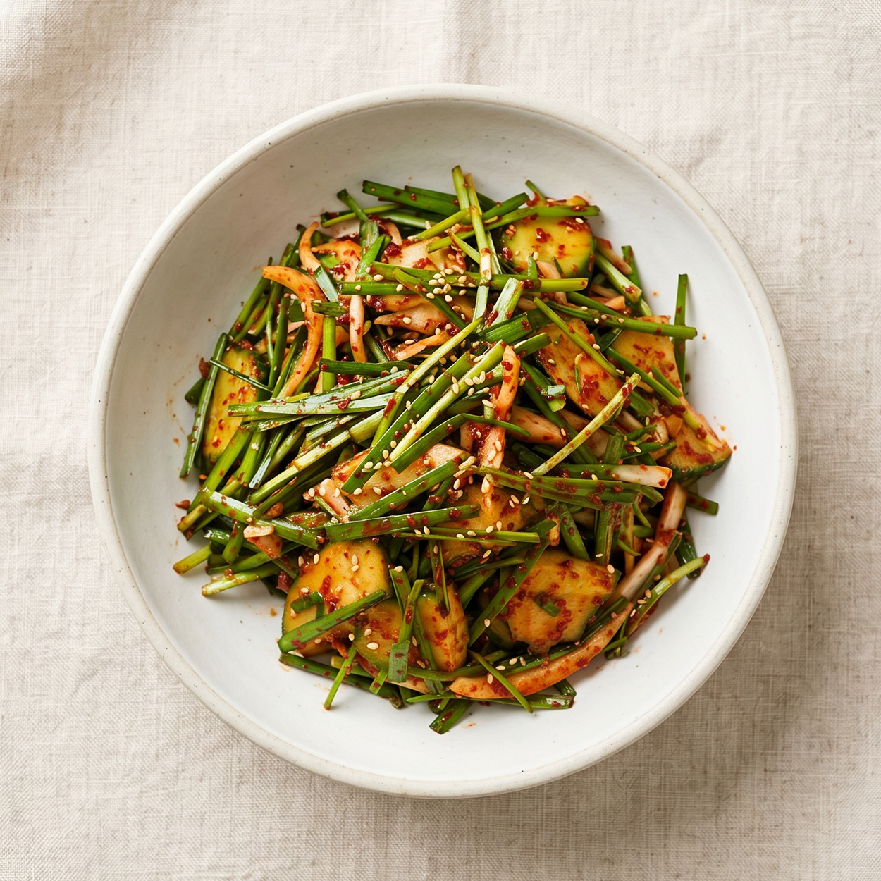 Oi buchu-muchim (Korean cucumber and chive salad) | Banchan365