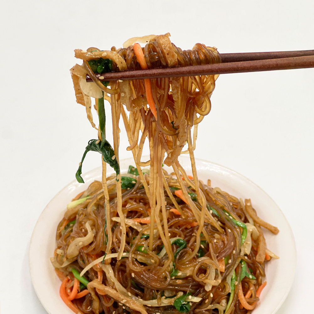 Eomuk japchae (Korean fish cake glass noodle stir-fry) served and plated | Banchan365
