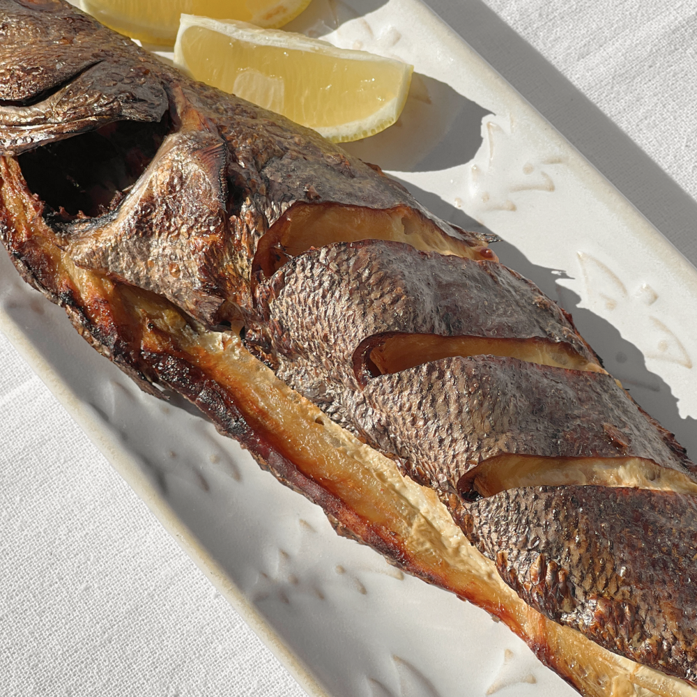 Close-up view of Beopseongpo gulbi (Korean grilled brown croaker, Beopseongpo specialty) | Banchan365