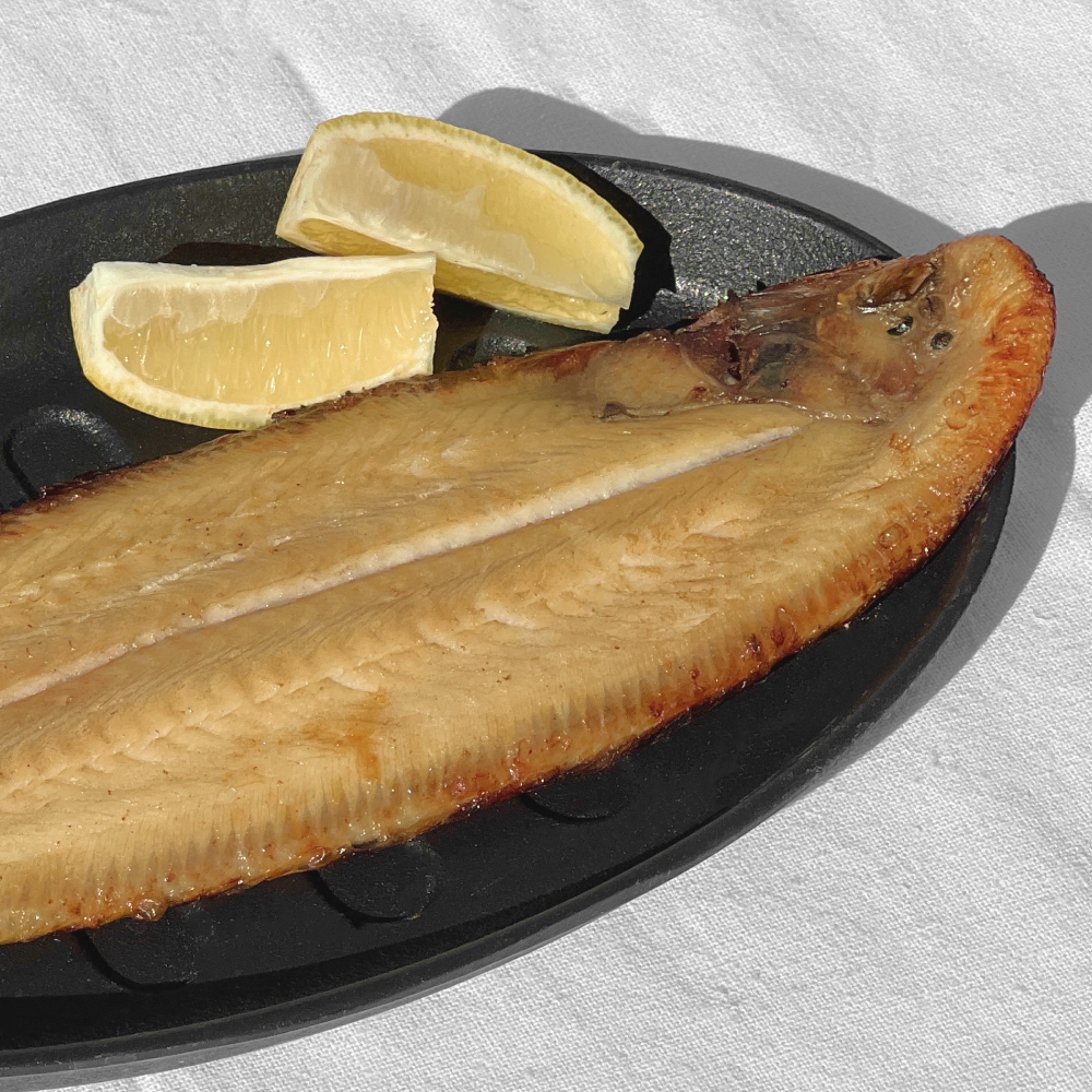 Close-up view of Jeju seodae-gui (Korean grilled sole, Jeju style) | Banchan365