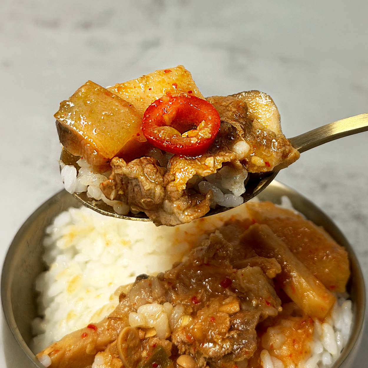 Doenjang-jjigae (Korean soybean paste stew, BBQ-house style) served and plated | Banchan365