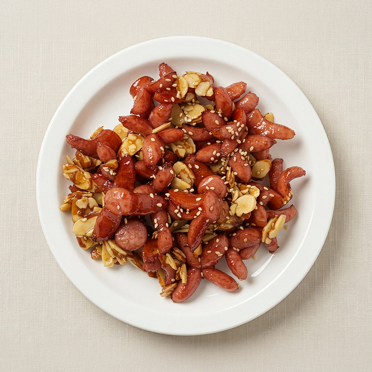 Sausage with almond gangjeong (Korean sweet and crispy sausage) | Banchan365