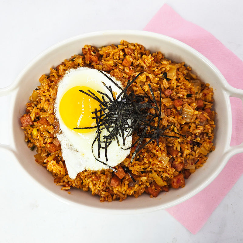 Close-up view of Spam kimchi-bokkeumbap (Korean Spam and kimchi fried rice) | Banchan365