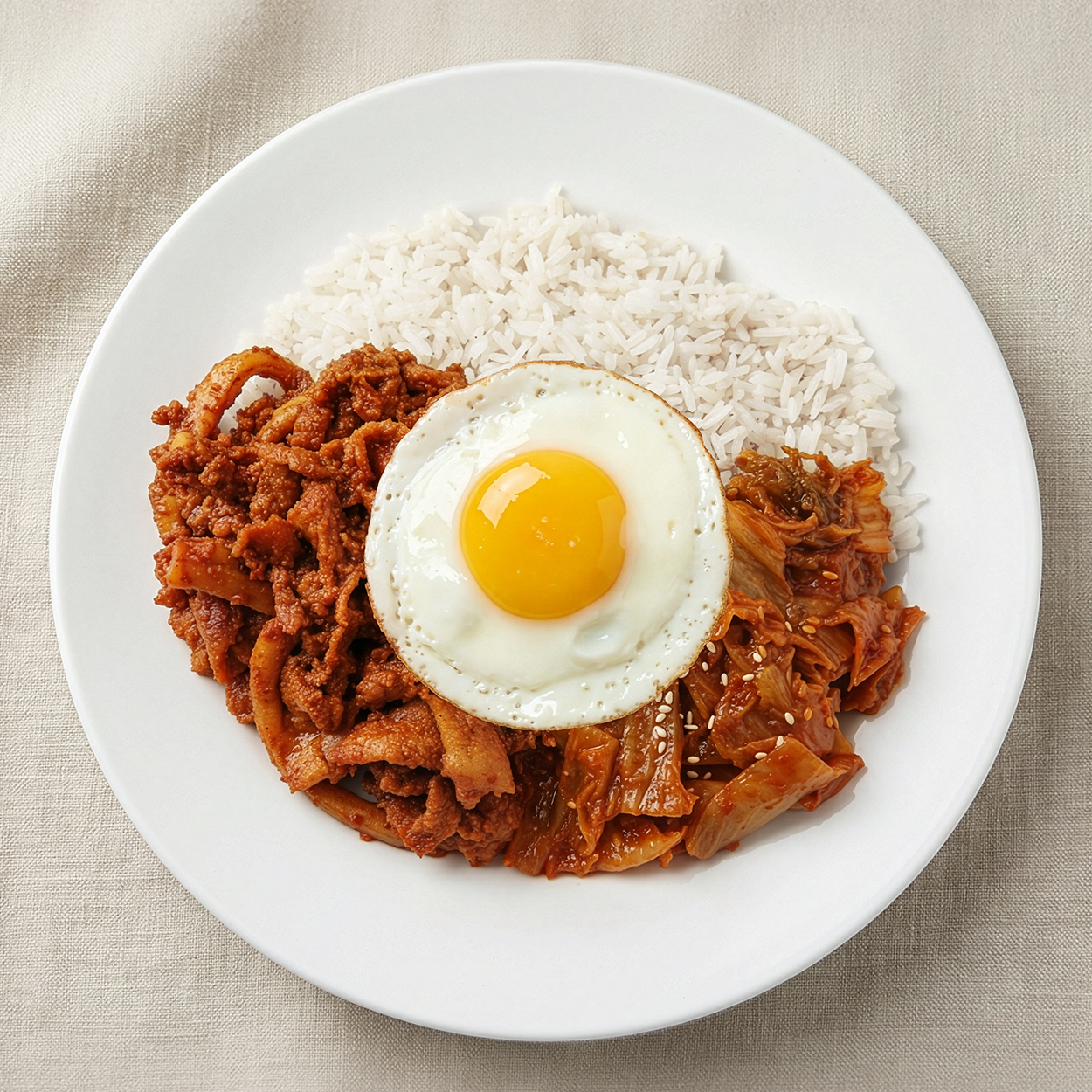 Close-up view of Korean spicy squid and pork rice bowl frozen lunchbox | Banchan365