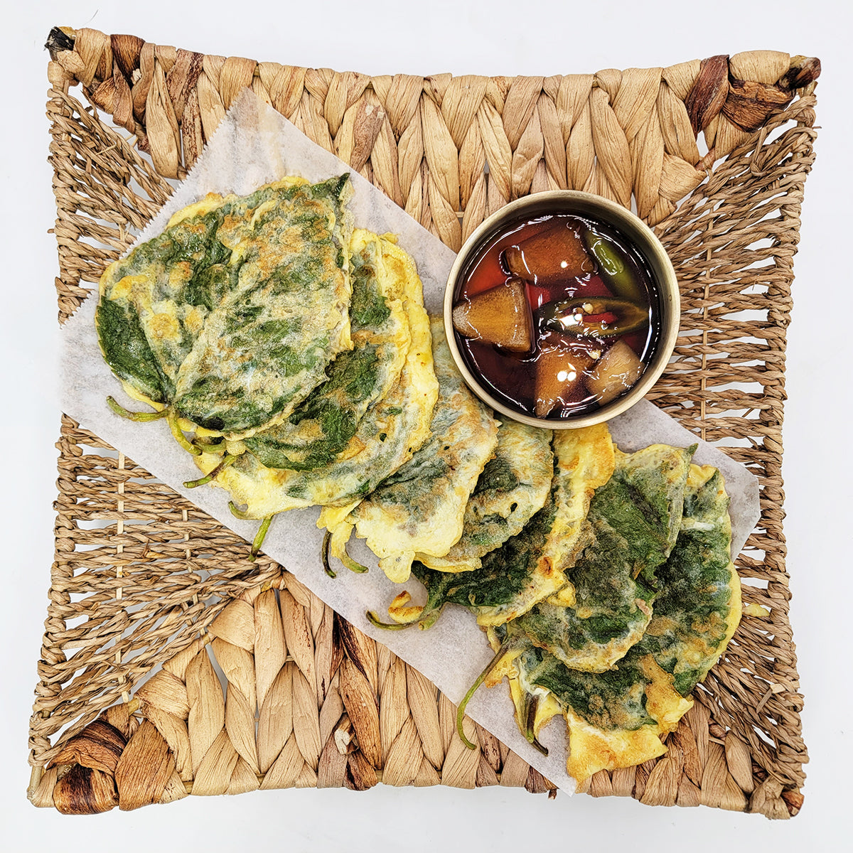 Kkaennip-jeon (Korean stuffed perilla leaf pancake) served and plated | Banchan365