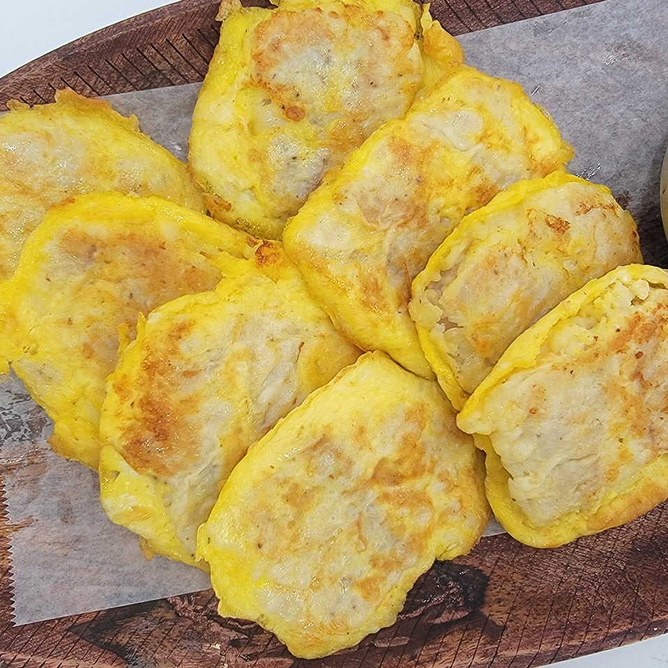 Dongtae-jeon (Korean pan-fried pollack pancake) served and plated | Banchan365