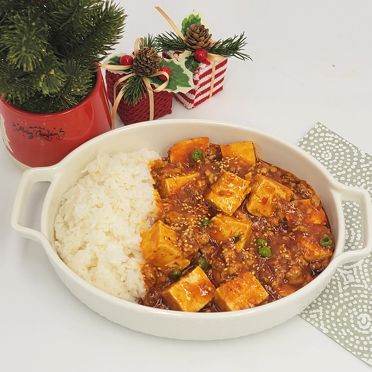 Close-up view of Mapa-dubu (Korean-style mapo tofu) | Banchan365