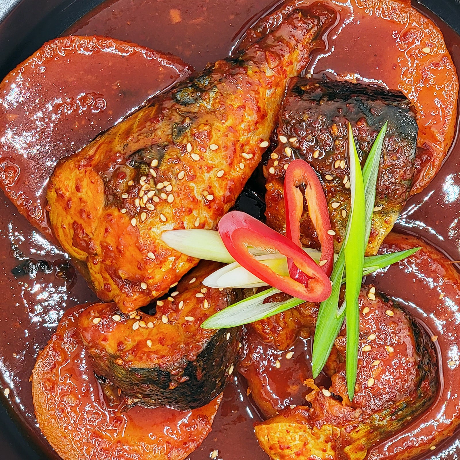 Godeungeo-jorim (Korean braised mackerel with radish) – spicy stew served and plated | Banchan365
