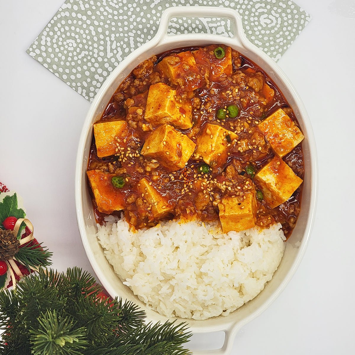 Mapa-dubu (Korean-style mapo tofu) served and plated | Banchan365