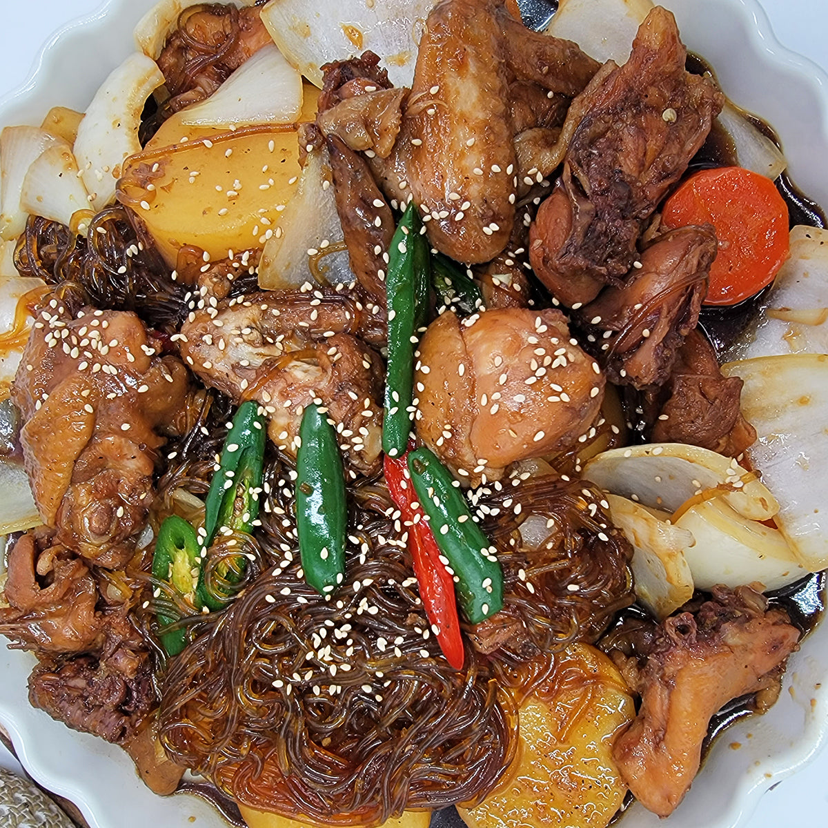 Close-up view of Andong jjimdak (Korean braised soy chicken, Andong style) – sweet and savory | Banchan365
