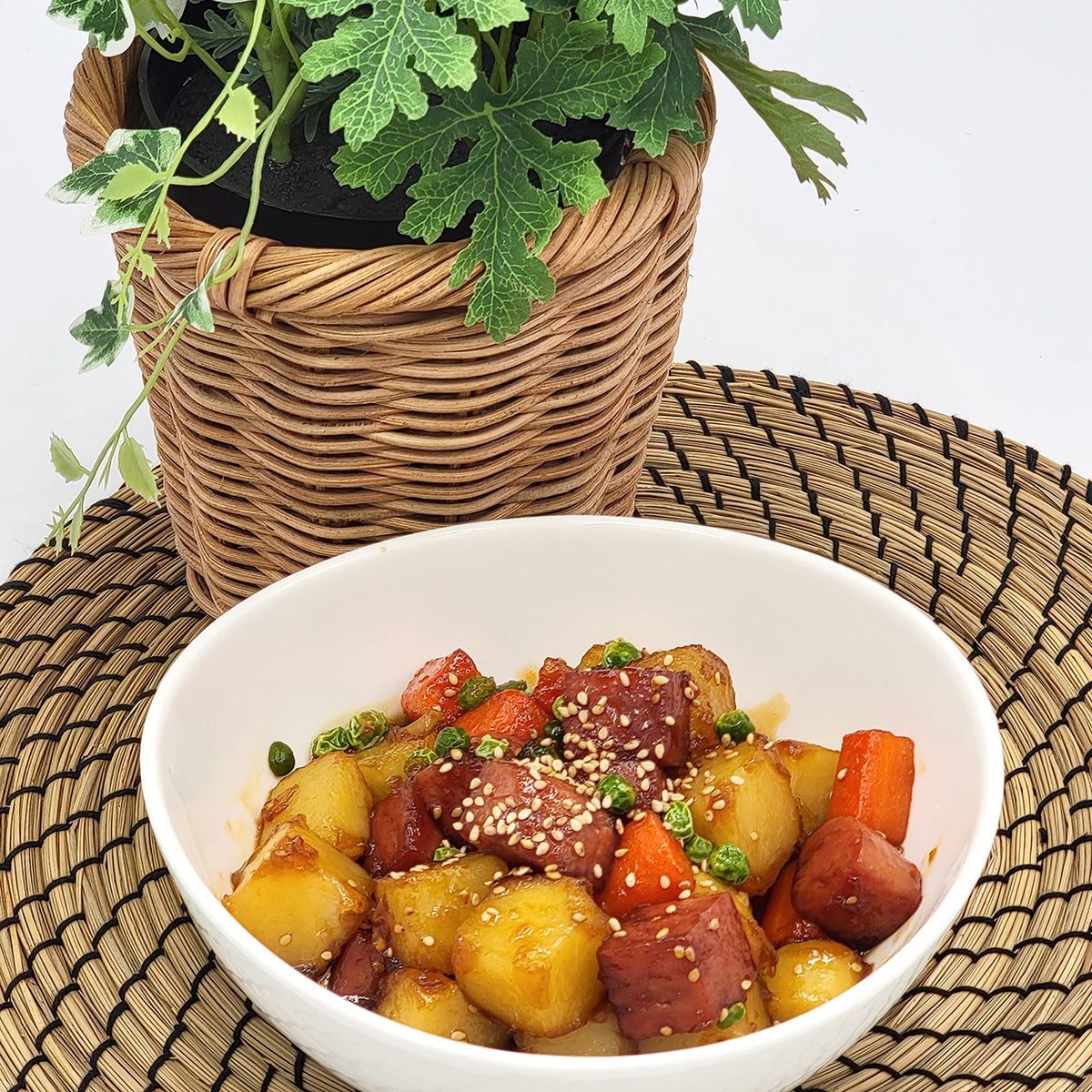 Gamja Spam-jorim (Korean braised potato with Spam) served and plated | Banchan365