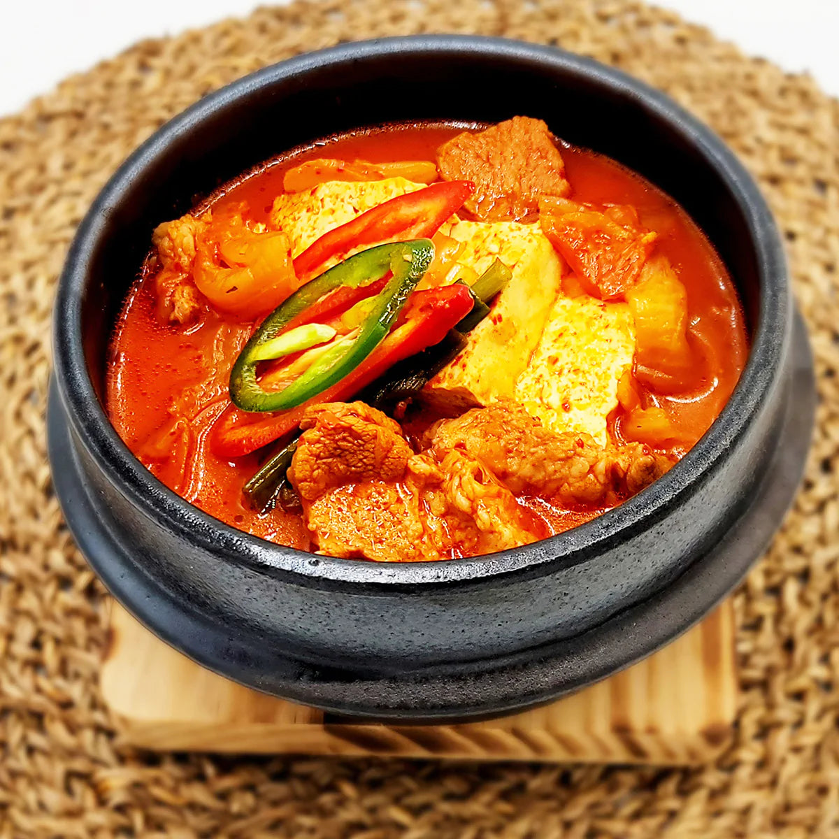 Kimchi-jjigae (Korean kimchi pork belly stew, taxi driver style) – 2 servings served and plated | Banchan365