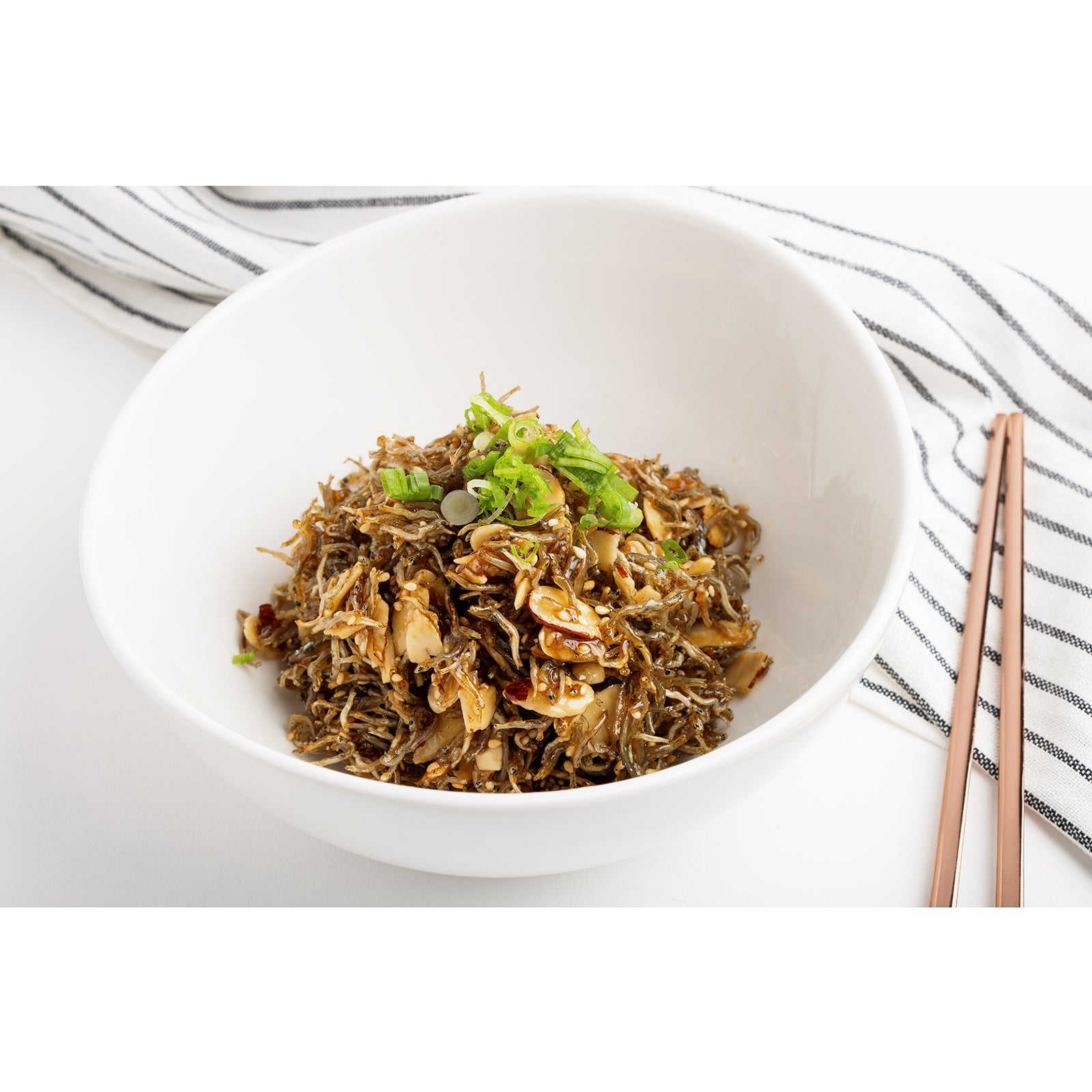 Almond myeolchi-bokkeum (Korean stir-fried anchovies with almonds) – large size served and plated | Banchan365