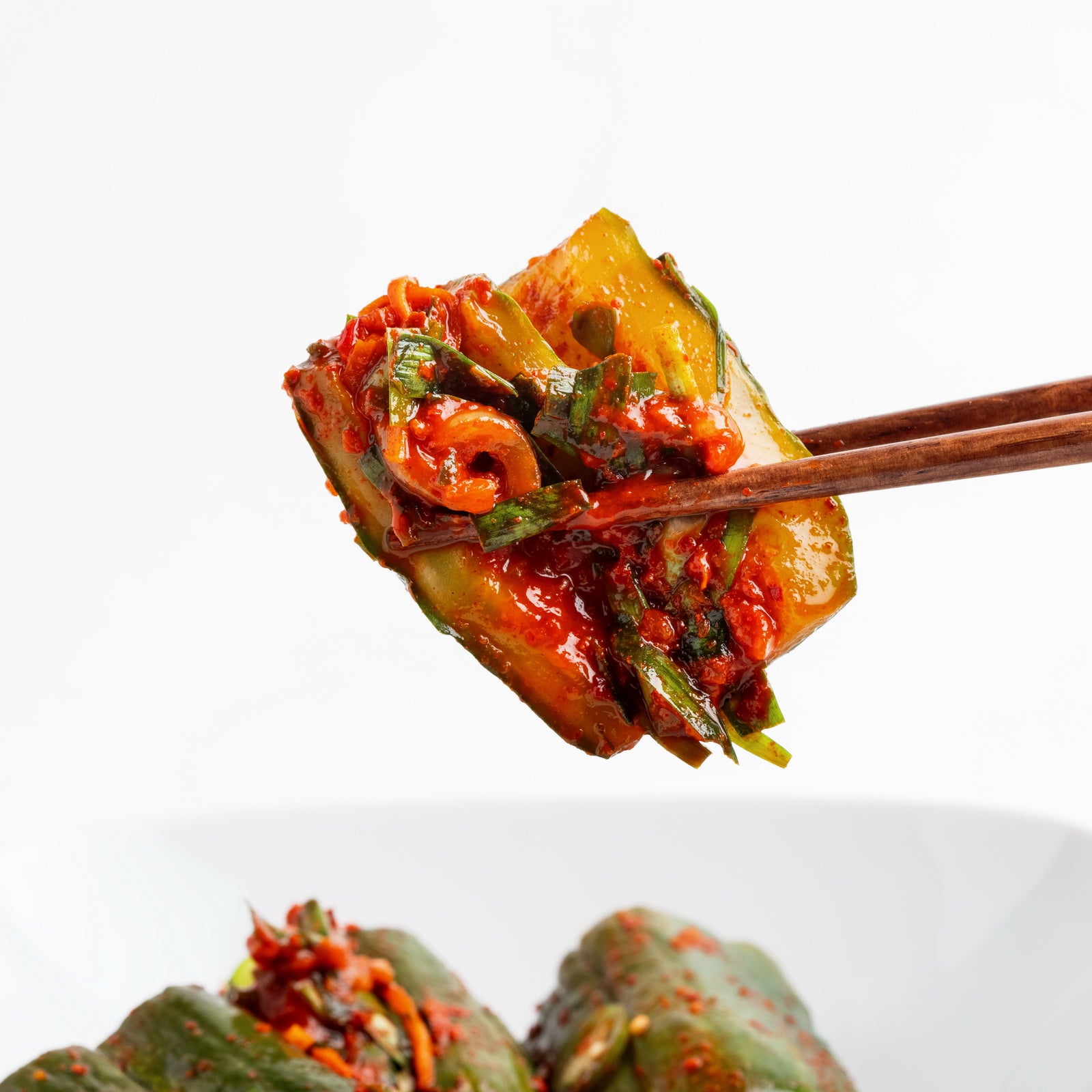 Close-up view of Oi-sobagi (Korean stuffed cucumber kimchi) | Banchan365
