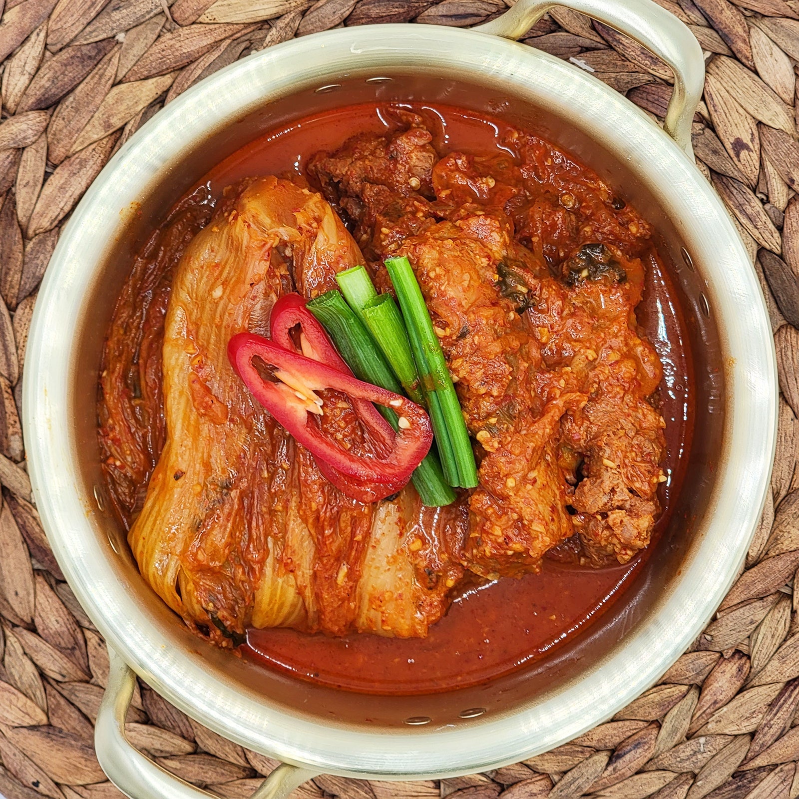 Close-up view of Dwaeji-galbi kimchi-jjim (Korean braised pork back ribs with kimchi) | Banchan365