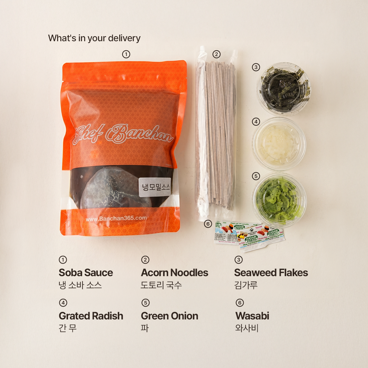 Korean cold acorn noodles with soba broth packaged for delivery | Banchan365