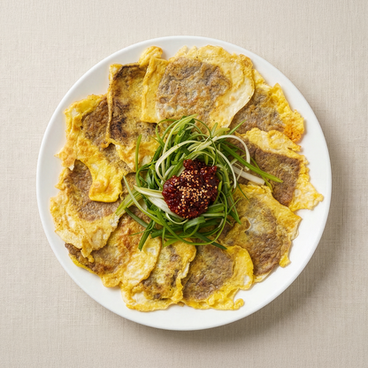 Sogogi yukjeon with pa-muchim (Korean beef pancake with green onion salad) | Banchan365