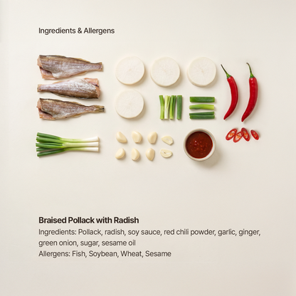 Ingredients for Spicy Korean braised semi-dried pollack with radish | Banchan365