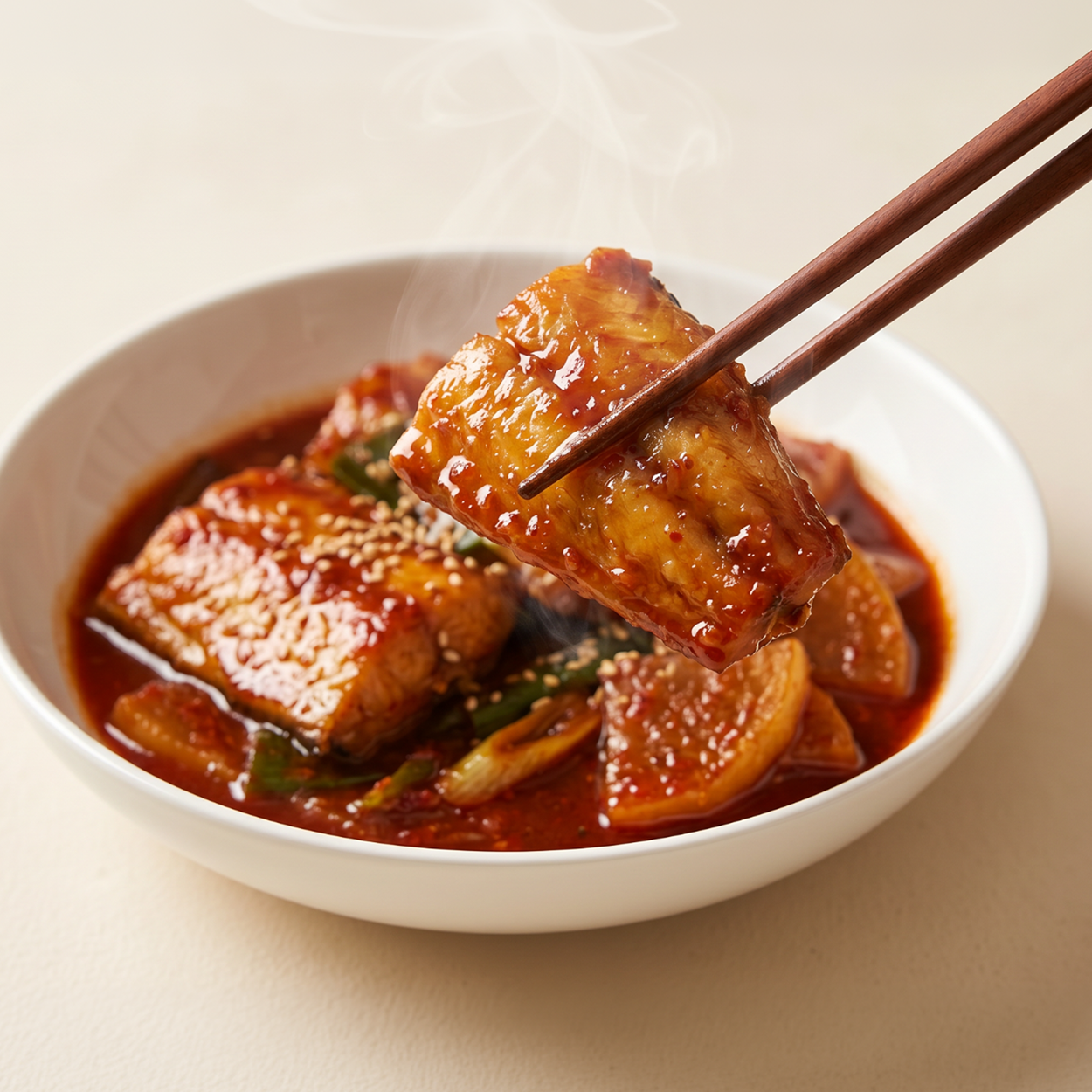 Close-up of Spicy Korean braised semi-dried pollack with radish | Banchan365