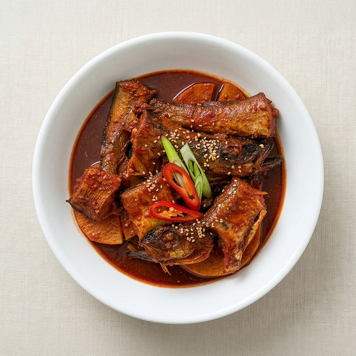 Overhead view of Spicy Korean braised semi-dried pollack with radish | Banchan365