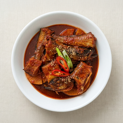 Overhead view of Spicy Korean braised semi-dried pollack with radish | Banchan365