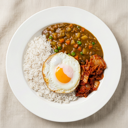 Close-up view of Korean curry rice bowl frozen lunchbox | Banchan365