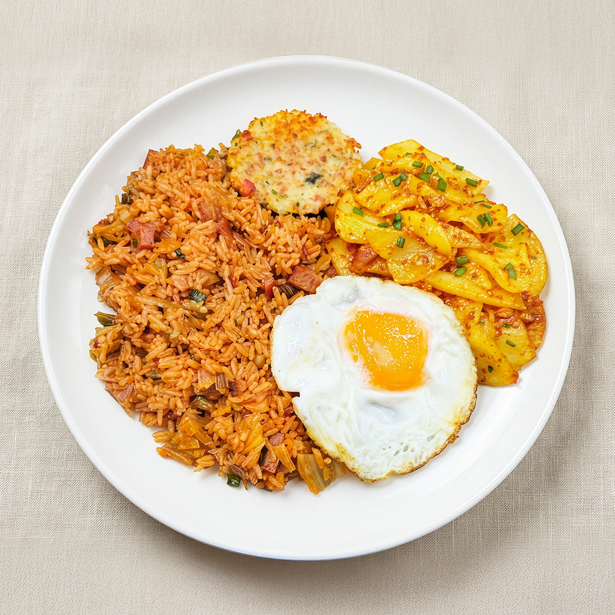 Close-up view of Korean kimchi Spam fried rice frozen lunchbox | Banchan365