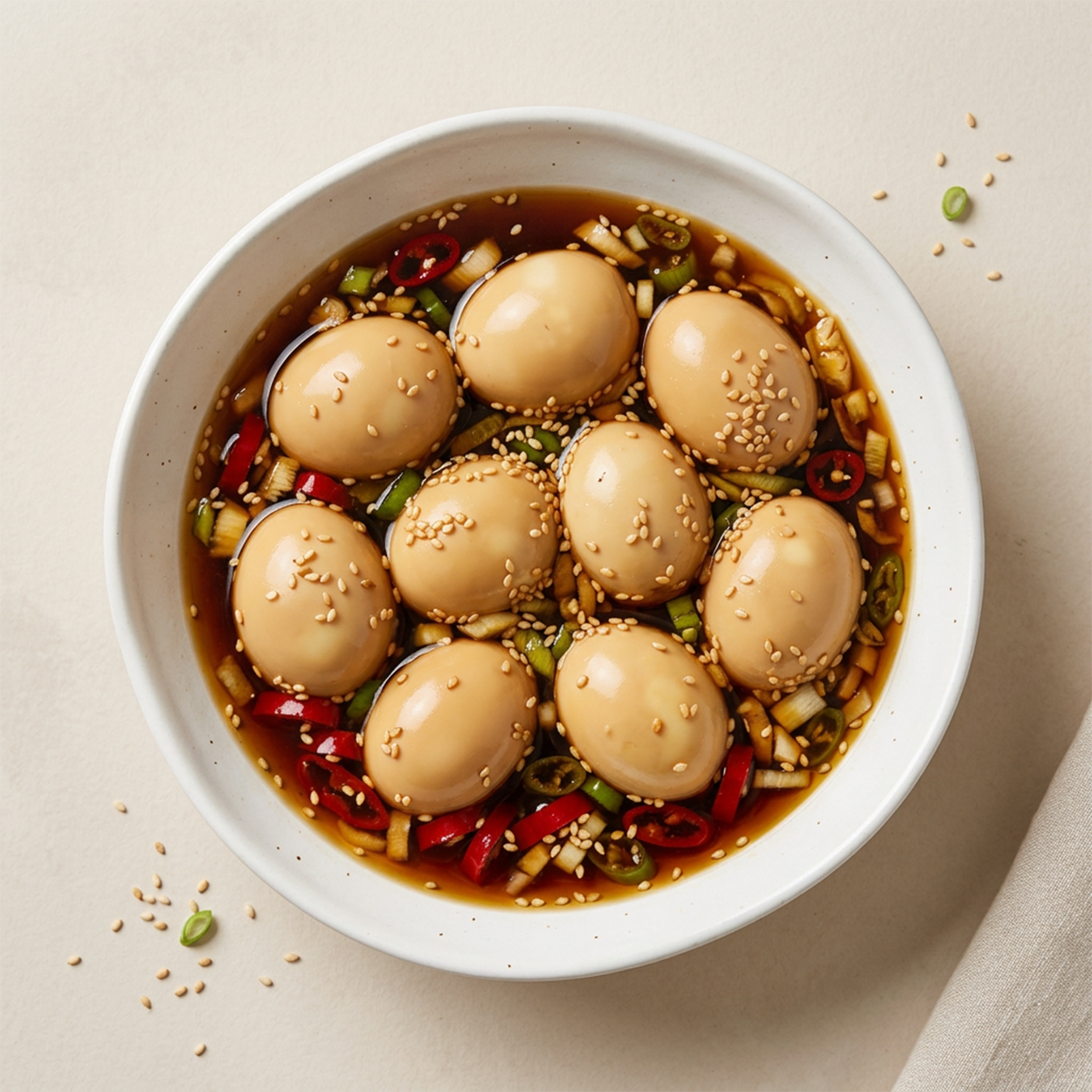 Overhead view of Korean soy-braised eggs | Banchan365