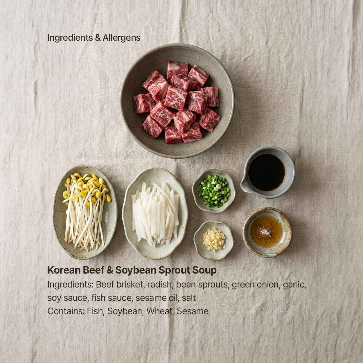 Ingredients for Korean beef and soybean sprout soup | Banchan365