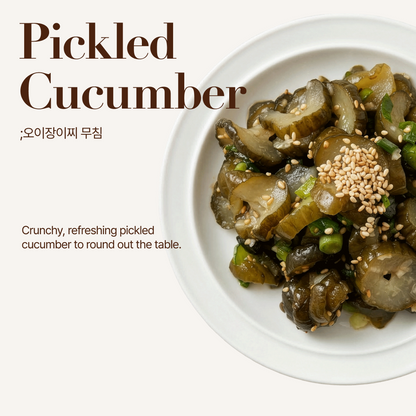 Korean pickled cucumber banchan menu item card | Banchan365