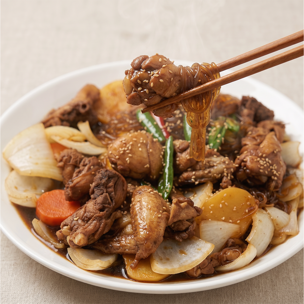 Close-up of Andong jjimdak, Korean soy-braised chicken | Banchan365