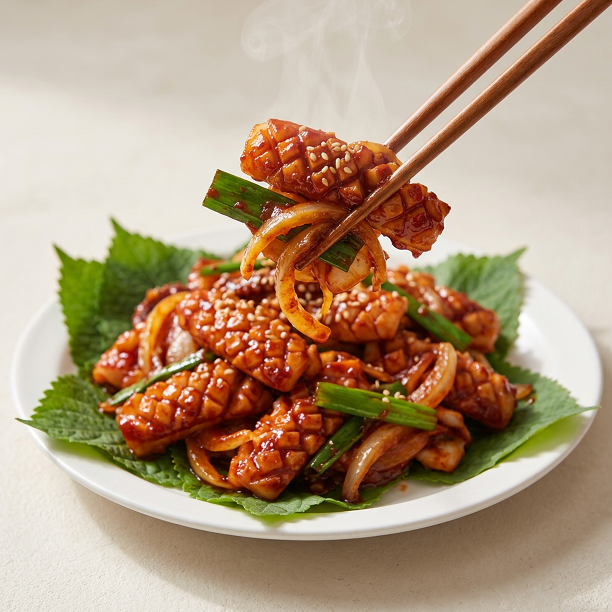Sizzling stir-fried squid with onions and green onions, glazed in a rich reddish-brown sauce and sprinkled with sesame seeds, served on a bed of green leaves on a white plate with chopsticks lifting a piece.