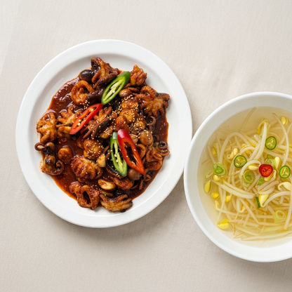 Mugyo-dong nakji bokkeum with kongnamul naengguk (Korean spicy octopus and chilled bean sprout soup) | Banchan365