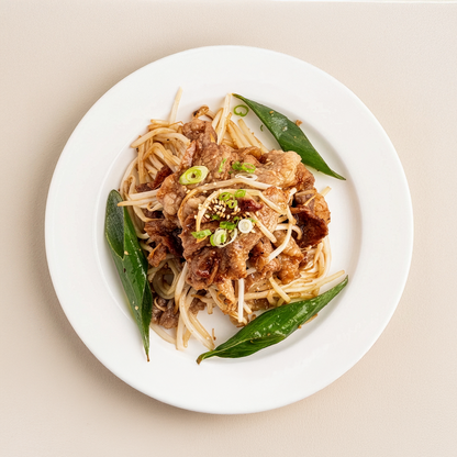 Overhead view of Korean beef brisket and bean sprout stir-fry | Banchan365