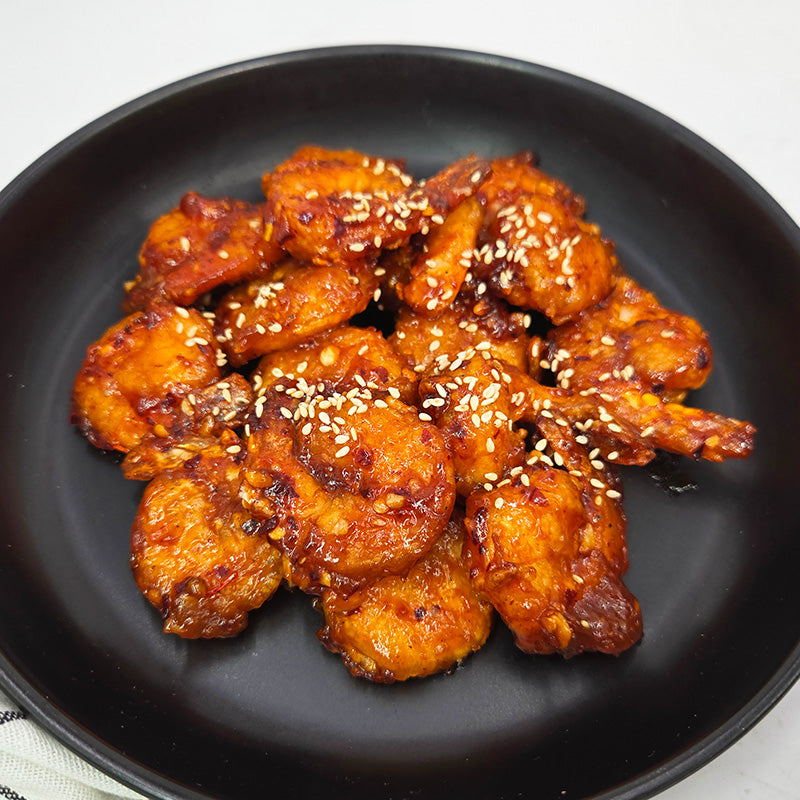 Chili saeu-bokkeum (Korean chili shrimp stir-fry) served and plated | Banchan365